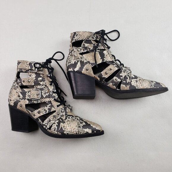 Sam Edelman Elana Studded Boot Womens 7.5 Beige Leather Snake Cut Out Ankle Heel - Picture 2 of 16